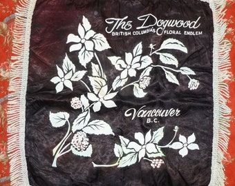 Antique Souvenir Pillow Sham Vancouver British Columbia Dogwood Vintage Satin Vintage Fringe Trim