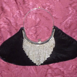 Antique Purse Handbag 1940s 1950s Black Evening Bag Purse Rhinestone Fringe vintage