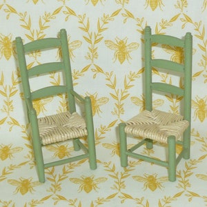 Pair of Vintage Dollhouse Furniture Artisan Ladder Back Chairs Hand painted green Miniature DOLL