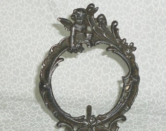 Antique Ornate Picture Frame Cupid Angels Art Nouveau Rococo Victorian Cast Iron Pot Metal Easel Back Elegant