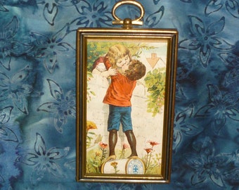 Antique Framed Trade Card Boy Girl Kissing Spool Thread Paper Ephemera Trade Card Thread Card / Victorian Trade