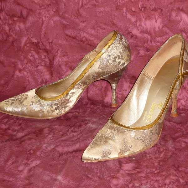 Vintage 1960s High Heels COUTURE Brocade Custom Made Dress Shoes The Shoe Box-Orlando Cocktail Party Yellow Brocade