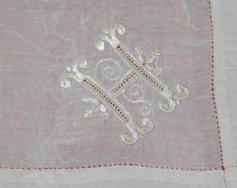 Antique Silk Hanky / Antique early 1900s Hanky / Hand Embroidery / Monogram &quot;H&quot; / Embroidered Bridal Wedding Handkerchief Hanky Hankie