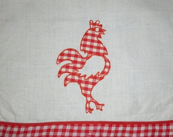Vintage Kitchen Towel Rooster Hand Embroidery Applique red gingham