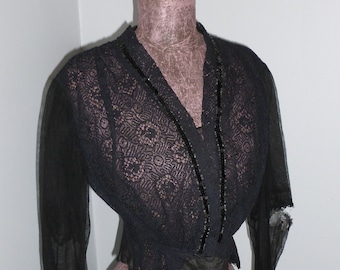 Antique Victorian Edwardian Bodice Vintage Floral Beaded Lace-Mourning