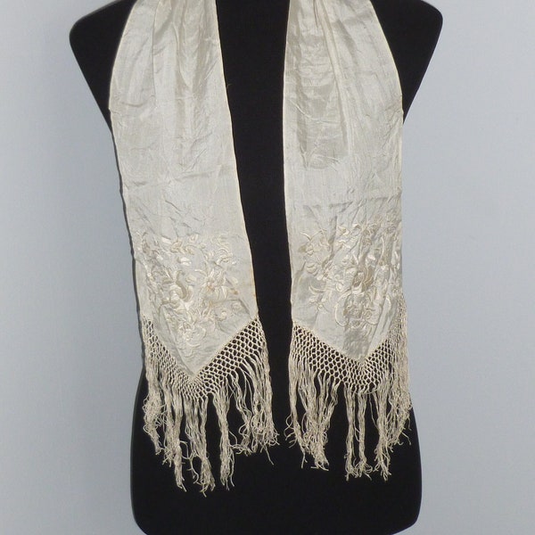 Gorgeous Antique Silk Scarf Delicate Hand Embroidery Sash Jabot Vintage 6 x 53"