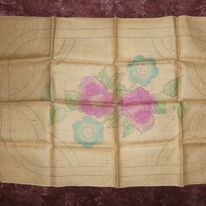 Vintage Pimitive Rug Hooking Burlap Printed Floral Pattern- c1960s -24" by 36"