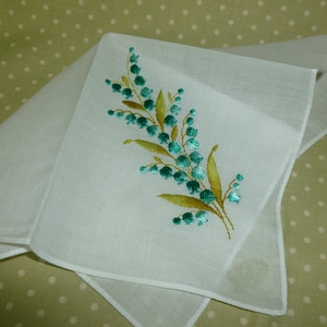 NOS Vintage Hanky Embroidery Bouquet of Lily of the Valley Antique Bridal Wedding Handkerchief Hanky Hankie