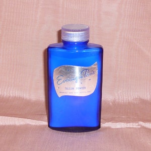 Rare NOS Full &quot;EVENING in PARIS&quot; Bourjois Art Deco Talcum Powder Cobalt Glass Bottle