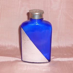 Rare &quot;EVENING in PARIS&quot; Bourjois Art Deco Talcum Powder Cobalt Glass Bottle