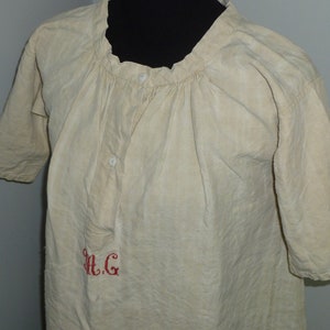 Exceptional Antique Linen Nightshirt Vintage Victorian Chemise Nightgown-hand woven linen monogram &quot;MG&quot;