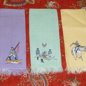 Set of 3 Fingertip Towels Antique George Washington Valley Forge Vintage Linen Madeira Embroidery UNUSED