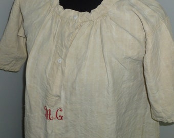 Exceptional Antique Linen Nightshirt Vintage Victorian Chemise Nightgown-hand woven linen monogram "MG"