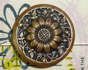 Pretty Antique Mixed Metal Button Flower Embossed Picture Button 1 1/8"