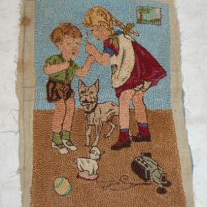May include: Vintage rug with a charming scene of two children, a dog, and toys. The children are dressed in vintage clothing, and the dog has a distinctive appearance. The rug has a light blue border and a brown base.