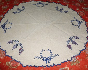 Antique Embroidery Lace Doily Round Blue Ivory Exquisite!!! 29" diameter
