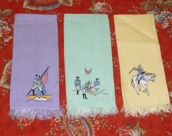 Lot de 3 serviettes pour le bout des doigts, George Washington Valley Forge, lin vintage, broderie de Madère, inutilisés