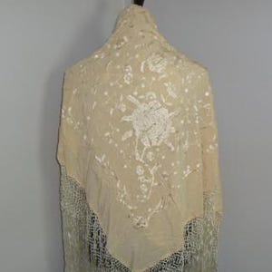 Gorgeous Antique Piano Shawl-Table Topper 1920s 1930s Cream Silk Embroidery Wedding Canton Manton De Manila-Asian Fringe