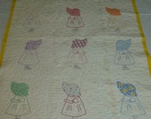 Charming Vintage Applique Baby Quilt-Sun Bonnet Sue Doll Quilt Hand Made Hand Embroidery