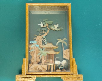 Vintage Asian Diorama Cork Carved Art framed 3D art Shadow Box cutout sculpture, Pagoda, Bonsai, Crane Chinese decor, gift