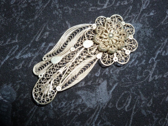 Silver Filigree Sash Pin Brooch, Antique Flower B… - image 1