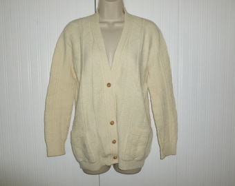 Vintage Chunky Knit Wool Cardigan Sweater Off White Wood buttons Hand Made Womans Unisex