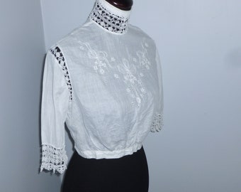 Charming Antique Blouse Vintage-Edwardian Delicate Mixed Bobbin Lace Embroidery