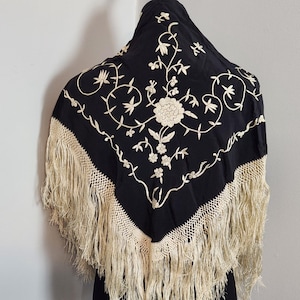 Piano Shawl Antique Vintage Piano Shawl Flapper Canton Black Silk Embroidered Manton De Manila-Asian Piano Shawl Scarf