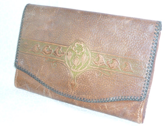 Antique Art Nouveau Envelope Purse Tooled Leather… - image 4