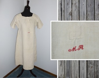 Exceptional Antique Linen Nightshirt  Vintage Victorian~Chemise~Nightgown-hand woven linen monogram "MR"