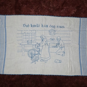 Antique Towel Runner Norwegian Mother Baking Splasher Blue Work Hand Embroidery Norway Homestead