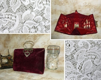19c. Victorian Sewing Basket Antique Sewing Kit Velvet Box Silk Tufted Bone Tools Thimbles