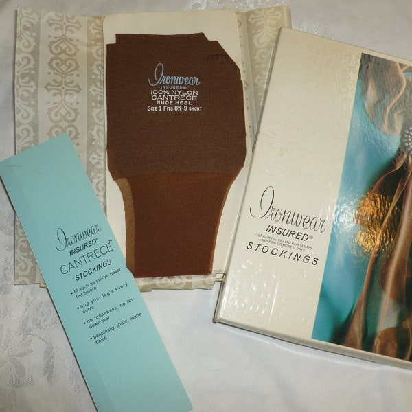 NOS 5 paires vintage Ironwear Seamless Jarter Stockings Cantrece Chocolat Marron NYLON Bas orig box ~ NON PORTÉ