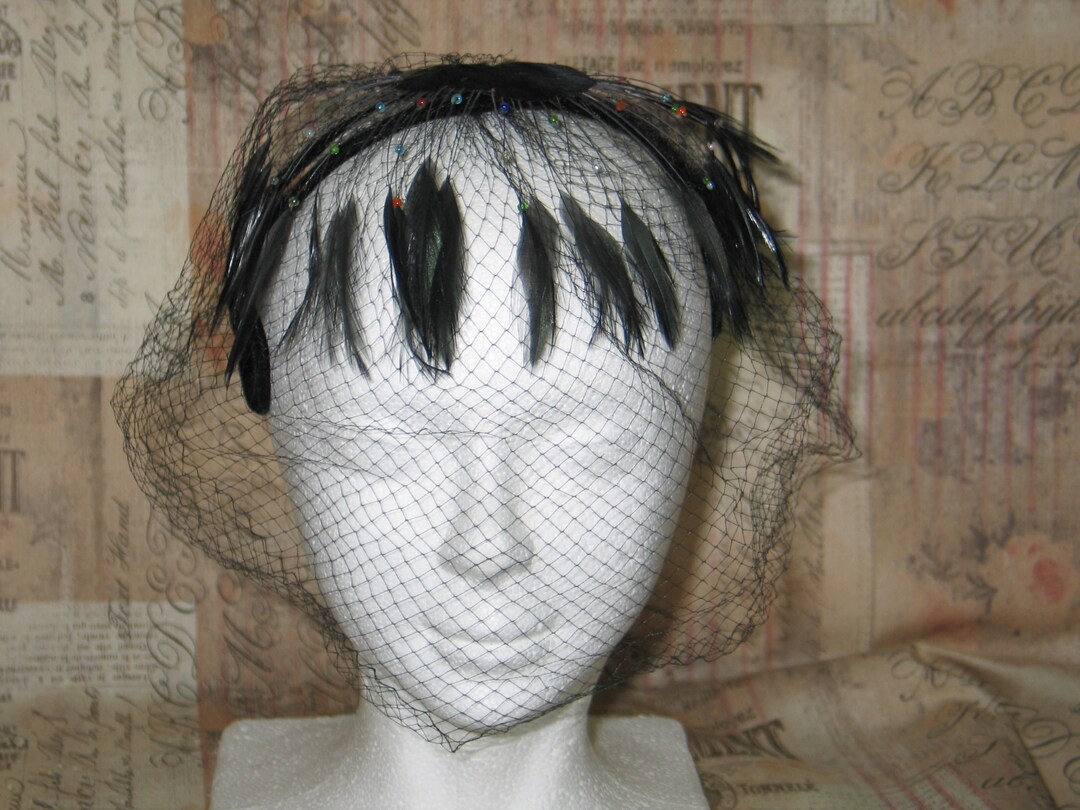 1960s 60s Vintage Black Face Framing All Feather Hat w/ Layered Sheer Netting 1960s Black Veiled Hat - Sheer Net Cage Veil With Hand  main image 2