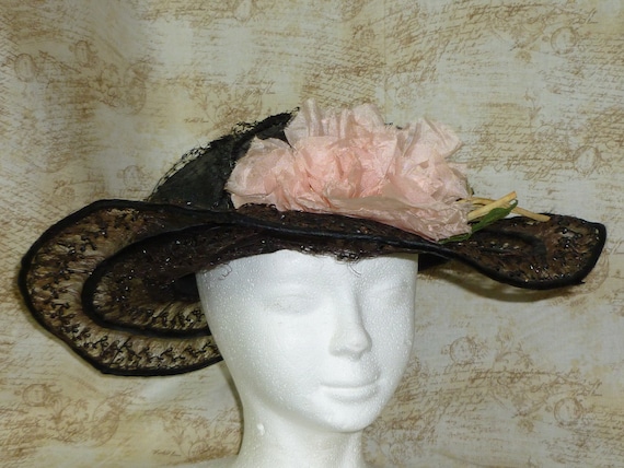 Antique 1900s Edwardian Hat Vintage Flowers Woven… - image 2