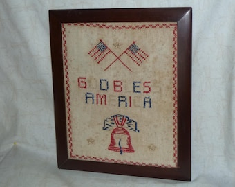 Antique Tapestry Sampler God Bless America Vintage Needlework-Cross stitch Hand Embroidery Liberty Bell