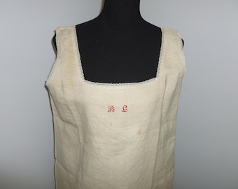 Exceptional Antique French Linen Nightshirt Vintage Victorian Chemise Nightgown-hand woven linen monogram "BL"