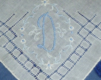 Antique Monogram D Hanky Vintage Embroidery Bridal Wedding Handkerchief Hanky Hankie