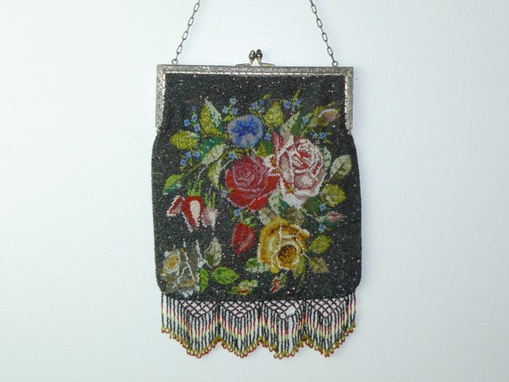 Large Antique Micro Beaded Purse c1912 Rose Flora… - image 6