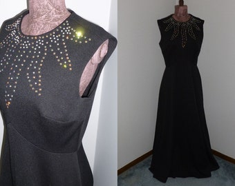 Elegante abito vintage nero - Abito lungo retrò anni '60-'70 nero / strass e perle / abito lungo