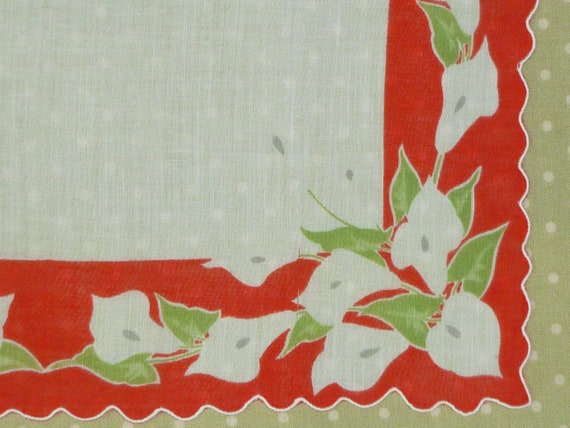 Vintage Mid CENTURY Linen Handkerchief POPPIES-Poppy-Hanky~Unused-1940-1950s