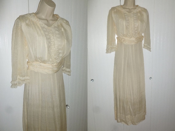 Antique Silk Dress Edwardian Victorian Mixed Lace Emb… - Gem