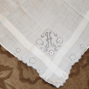 Antique Hanky Monogram "H" Vintage Hand Embroidery Monogram "H" Script Madeira Embroidered Bridal Wedding Handkerchief Hanky