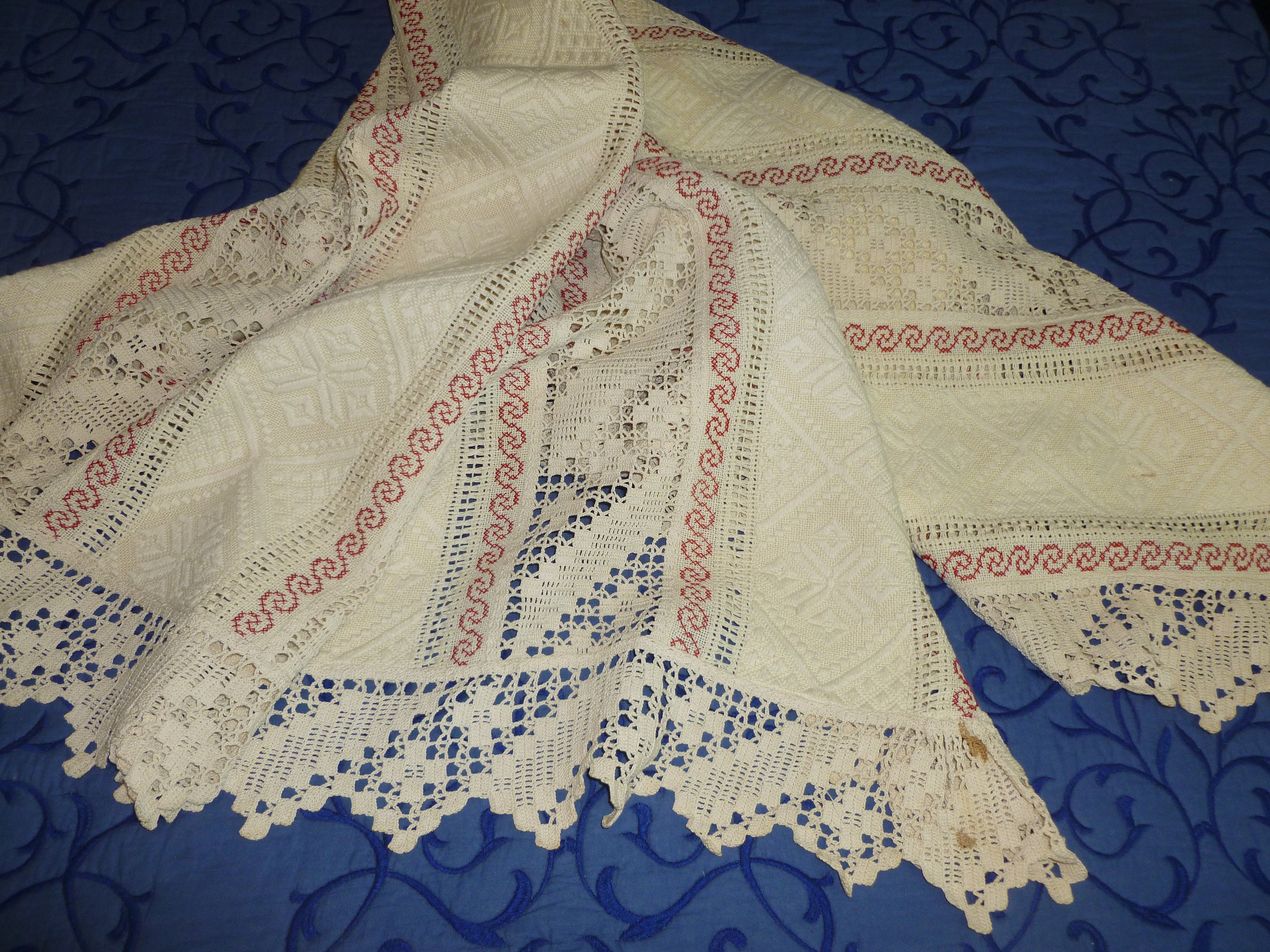 Antique Hand Embroidery German Redwork Coverlet-Throw Lace insert Victorian Lace Bedspread~Coverlet-Embroidered Lace Inserts