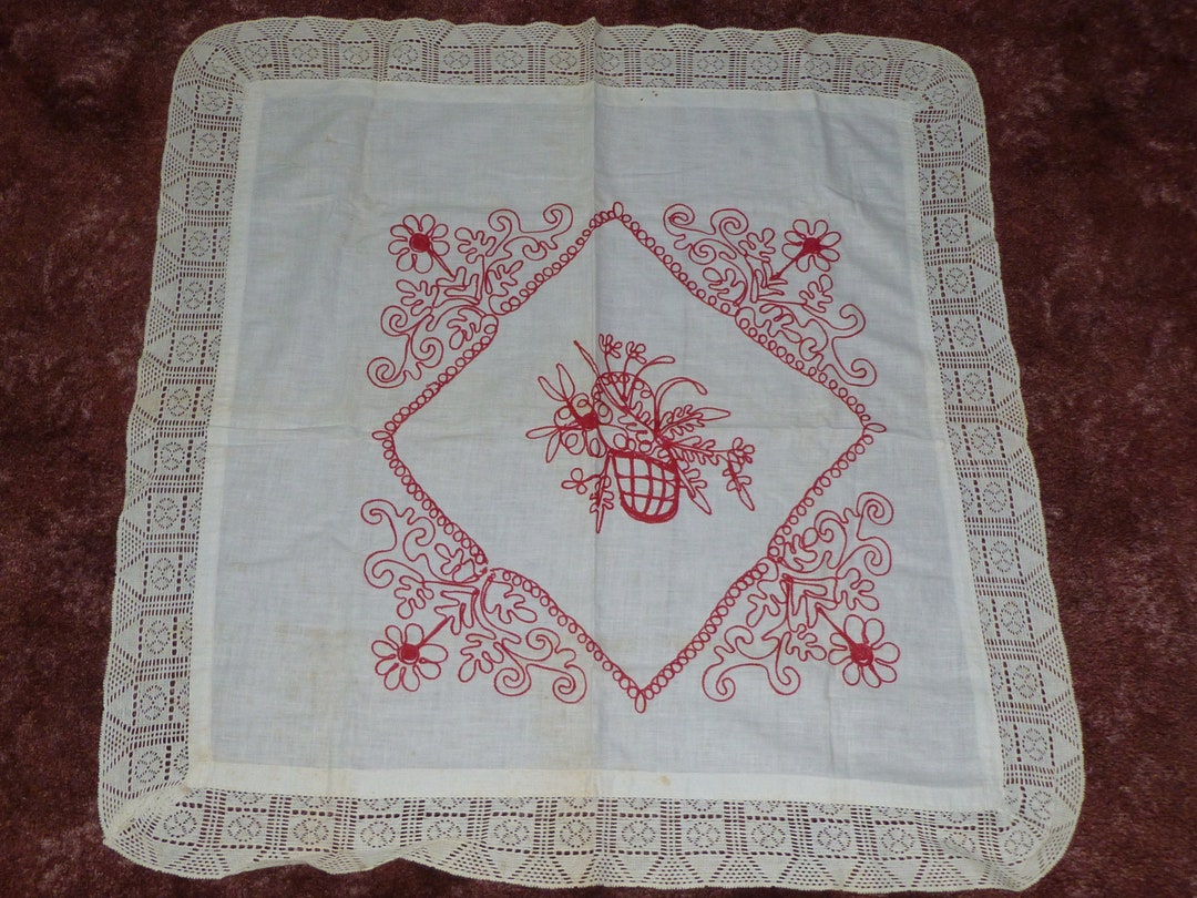 Victorian Layover Pillow Sham Red Work Hand Embroidery Flowers