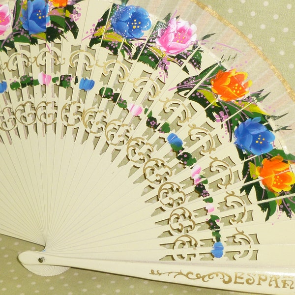 Antique Spanish Folding Fan Carved Hand Painted Flowers Pierced Wood Bovine Blades Spain Vintage Fan