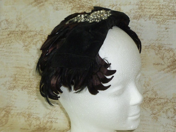 Vintage Black Velvet Feather Hat 1930s 1940s Hat … - image 2