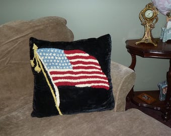Antique STUMPWORK Pillow American Flag Victorian Pillow-Hand Embroidery on Velvet-Boudoir Pillow