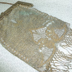 ANTIQUE EARLY 1900s Beaded Bag French Art Deco Purse Vintage Handbag Silver Gold Glass Beads
