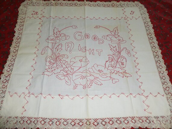 Pair Antique Victorian Layover Shams Red Work Hand Embroidery
